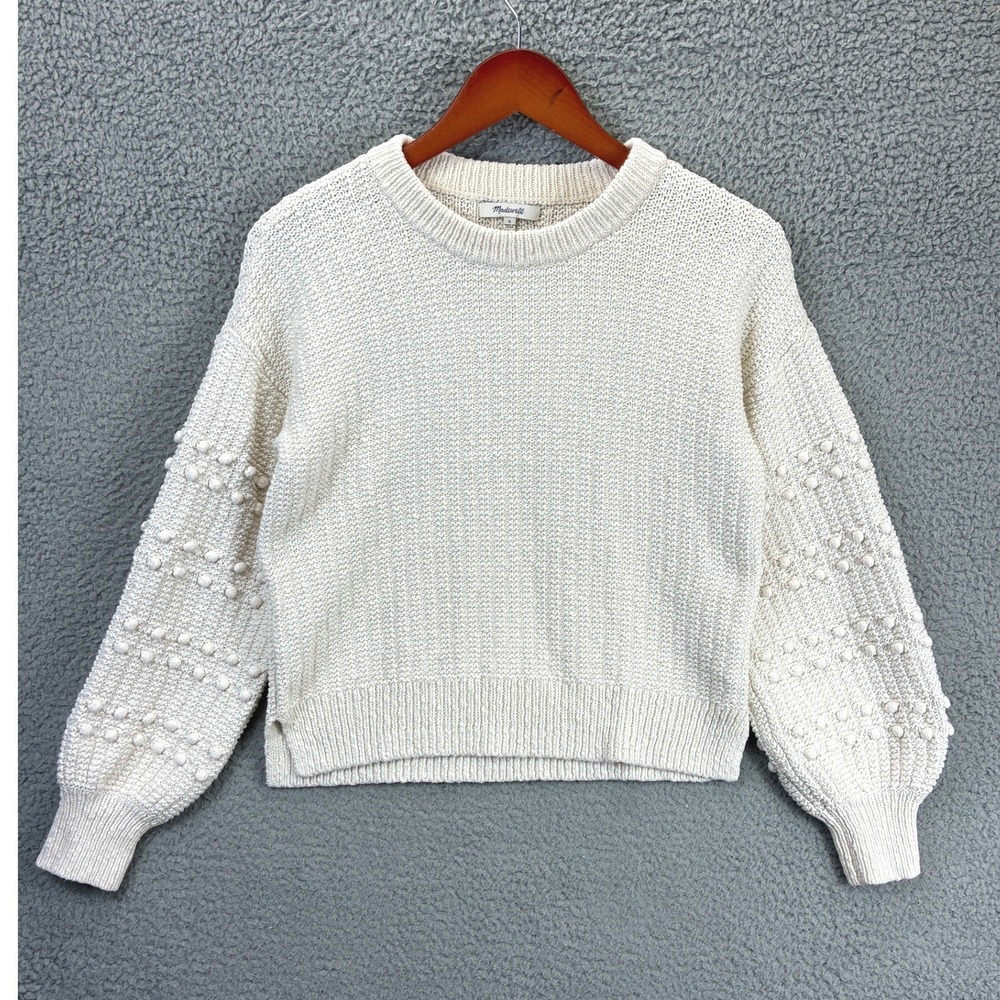 Madewell Bobble Popcorn Sleeve Pullover Sweater Womens S Ivory Chunky Knit Cozy